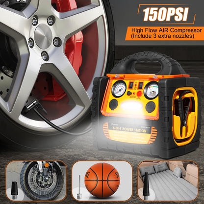 1800A Car Jump Starter with Air Compressor 150PSI,12V Portable Battery Jump Box (8.0L Gas/6L Diesel), Battery Booster with 400W Power Station AC/DC/USB