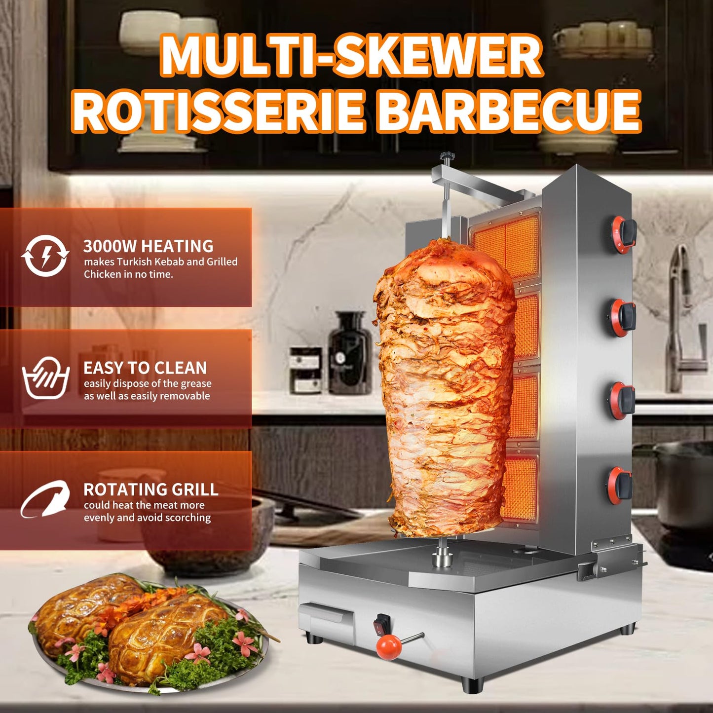Li Zhen 4 Burners Shawarma Grill Machine Commercial Large Rotisserie Grill Kebab Vertical Rotisserie Propane Turkish Chicken Doner Kebab Broiler for Kitchen Restaurant