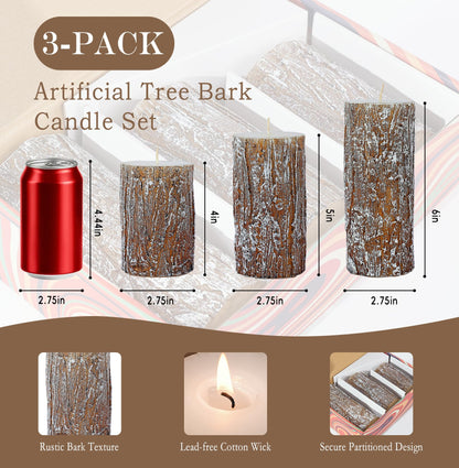 Classic Pine Tree Bark Texture Pillar Candles Set - Real Wax 3 Sizes (4", 5", 6" Tall) Rustic Decor Fireplace Candles, Unscented Woodland Style Pillar Candle for Home, Dining Table, Holiday Decor