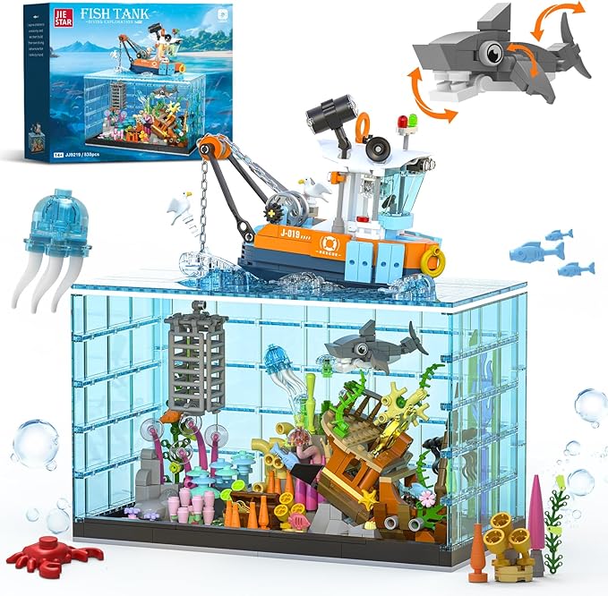 Fish Tank Building Blocks Set Aquarium Building Set with LED Lights Including Ocean Shark Jellyfish Fishing Boat STEM Gift for Kids Boys Girls Age 8-12+ and Adults(830PCS)
