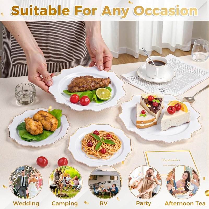 WDF 200PCS White and Gold Plastic Plates - Gold Plastic Plates - Include 100 Dinner & 100 Dessert Disposable Party Plate - Fancy Disposable Plate for Wedding/Baby Shower/Spring