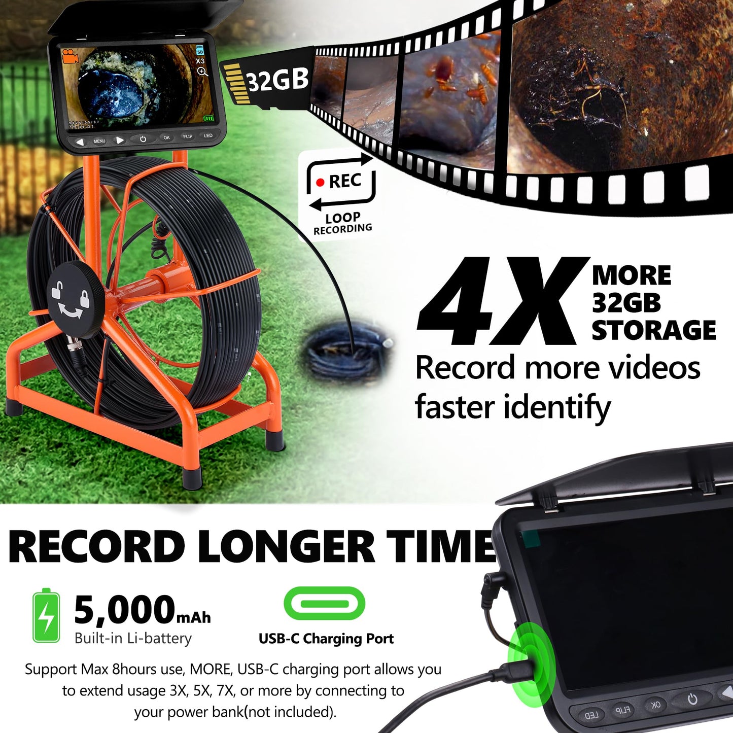 𝟐𝟎𝟐𝟔 𝐧𝐞𝐰 7” Sewer Camera, HD 1080P w/DVR-32GB, [New 1s Twist-to-Unlock System] Plumbing Snake Pipe Inspection Camera, [Thicker Cable Reel] Drain Camera, 5000mAh, [360°+180° Rotate] 100ft/30m
