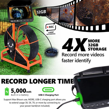 𝟐𝟎𝟐𝟔 𝐧𝐞𝐰 7” Sewer Camera, HD 1080P w/DVR-32GB, [New 1s Twist-to-Unlock System] Plumbing Snake Pipe Inspection Camera, [Thicker Cable Reel] Drain Camera, 5000mAh, [360°+180° Rotate] 100ft/30m