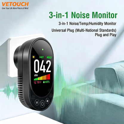 VETOUCH Plug-in Noise Meter Digital Sound Level, 3 in 1 Decibel Meter with Temp Humidity, 30-130dB Portable SPL, AC Powered, Data Hold, Max Min, Fast/Slow, 1.83" LCD, Meter for Home RV