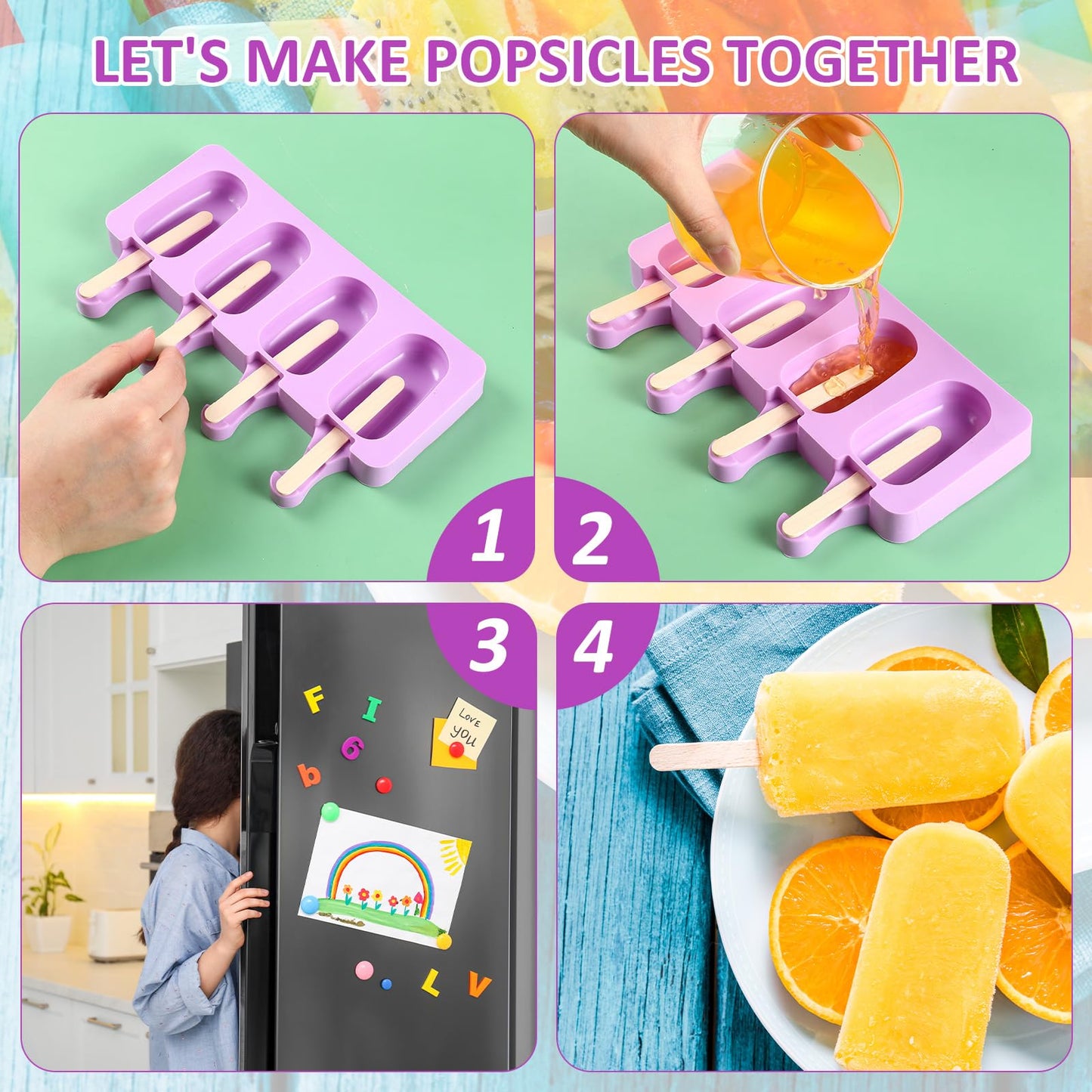 Outus 4 Pieces Ice Cream Mould Silicone Ice Lolly Mold 4-cavity Cake Pop Moulds Baking Molds with 200 Pieces Sticks for Treats (Purple)