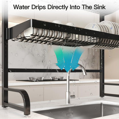 MAJALiS 3 Tier Extra Large Stainless Steel Expandable Over The Sink Dish Drainer Drying Rack, Rust Proof Metal, Space Saving, Modern Black Big Capacity Extendable Plate Strainers Above Counter