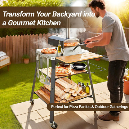 Pizza Oven Stand & Shelf for Solo Stove Pi Pizza Oven, Outrdoor XSKUNStand for Ninja Woodfire, Kitchen Table for Cooking with Stainless Steel Top, WPC Storage Shelves, Lockable 360° Swivel Wheels
