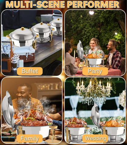 Beviliu 6QT Chafing Dishes for Buffet, 6 Pack 6QT Round Stainless Steel Chafing Dish Set for Home Parties, Christmas Gatherings, Food Warmers for Parties Buffet, Catering Supplies Buffet Display
