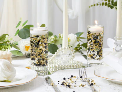 YATOJUZI 30 PCS Artificial Pearl String Black Gold Vase Filler Floating Pearls for Vases Centerpieces Faux Pearl Beads String Decorations Holiday Wedding Anniversary 50th Birthday Party Decor