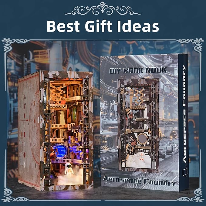 Book Nook Kit DIY Doll House Booknook Miniature Kit for Bookshelf Doll Houses for Adults Teen Halloween 3D Wooden Puzzle Bookends with Led Light and Dust Cover (Aerospace Foundry)