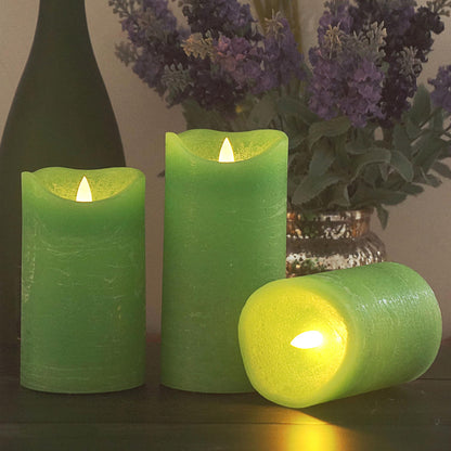 Magiq Set of 3 Apple Green Battery Operated Flameless Candles with Remote Timer Realistic Flickering Real Wax LED Pillars for St. Patrick's Day Table Centerpieces Christmas Decorations Home Decor
