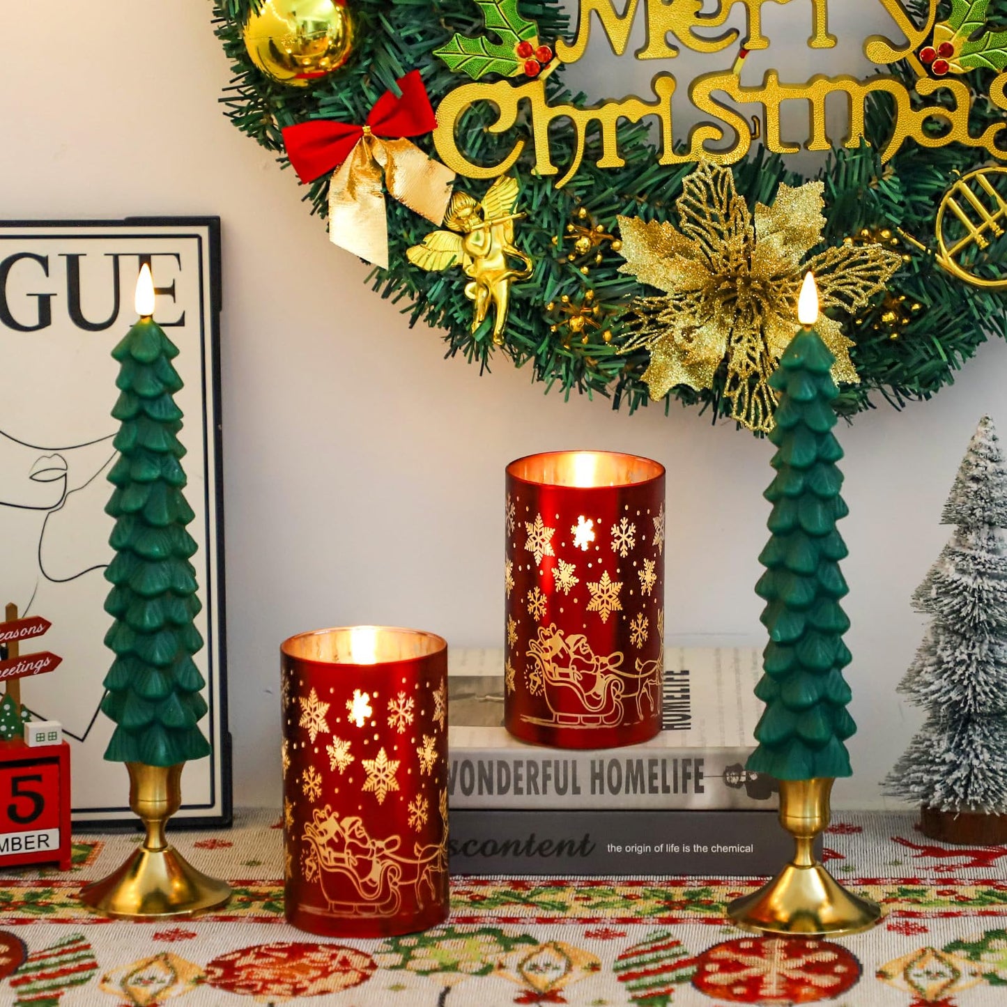Lezonic Christmas Flameless Candles with Remote, Green Christmas Tree Flickering Battery Operated Window Candlesticks, Red Glass Xmas New Year Decorations Gifts, Set of 4 Real Wax LED Candles