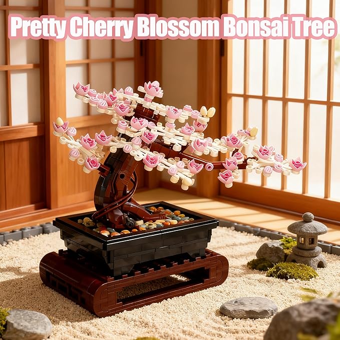 3IN1 Cherry Blossom Bonsai Tree Building Blocks Set Botanicals 3 Season Leaf Bonsai Tree Building Bricks Compatible with Lego Pink Flowers Plant Home Office Decor Ideal Gift for Adult Teen(1229PCS)