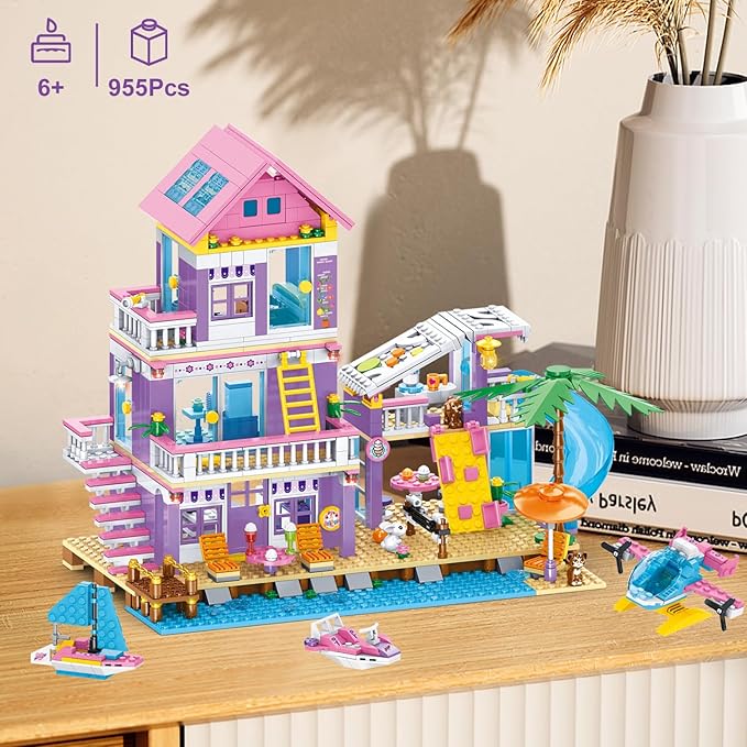 955 Pcs Friends Seaside Villa Building Set Beach House Building Block Toys STEM Creative Vacation Hut Brick Kit with HelicopterSailboatYachtBirthday Gifts for Kids Girls Boys Age 6-12+