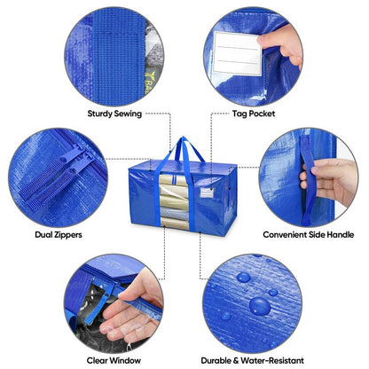 BALEINE 6-Pack Oversized Moving Bags with Reinforced Handles, Heavy-Duty Storage Tote Moving Supplies for Packaging, Camping (Blue w/Window, 6-Pack)