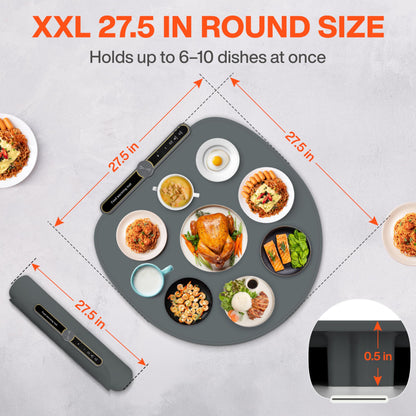 Round Food Warming Mat XXL 27.5''x27.5'' (Gray) - Electric Food Warming Tray with 9 Temp Levels - Silicone Food Warmers for Parties Buffet with Timer, Child Lock & Fast Heating