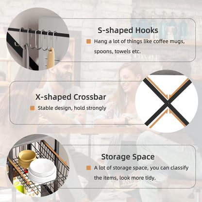 Shintenchi Kitchen Bakers Rack with Power Outlet, Multifunctional Organizer & Storage with 6 Hooks, Microwave Oven Stand, and Coffee Station Shelf, Grey
