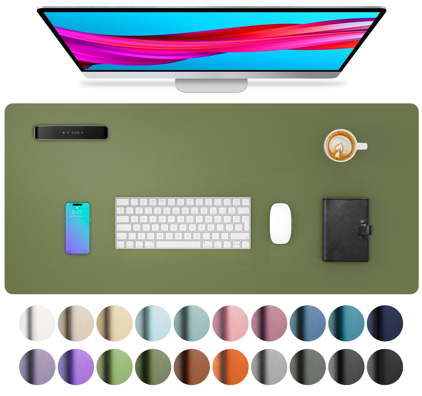 Aothia Leather Desk Pad Protector, Mouse Pad, Office Desk Mat, Non-Slip PU Leather Desk Blotter, Laptop Desk Pad, Waterproof Desk Writing Pad for Office and Home (23.6" x 13.7", Olive Green)
