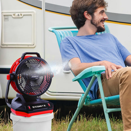 ECOMAX 12" AC/DC Bucket Top Misting Fan, Cordless with 2x20V Batteries & 2A Charger, 2-Speed Airflow & 2-Speed Mist Cooling Fan for Outdoor, Patio, Camping, Fits for 5-Gallon Bucket & Garden Hose