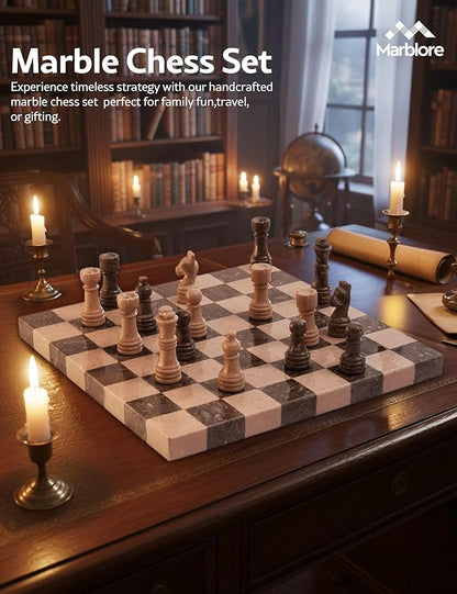 Marble Chess Set for Adults 10 Inch Handmade Verona &amp Oceanic Chess Board with 32 Pieces &amp 2 Extra Queens Luxury Travel Chess Game Elegant Gift for Women &amp Home Decor