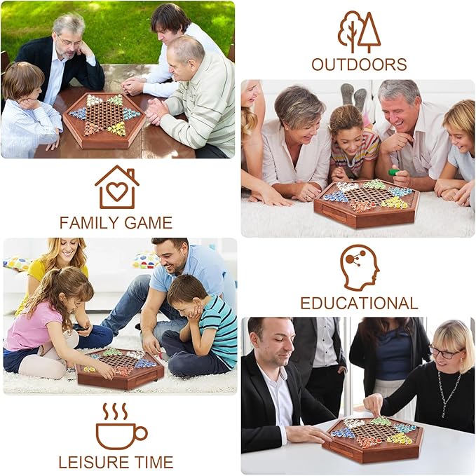 12.7 Inches Wooden Chinese Checkers Set with Storage Drawer -60 Glass Marbles in 6 Colors -12 Bonus Spare Marbles| Chinese Checkers Board Game for Kids and Adult