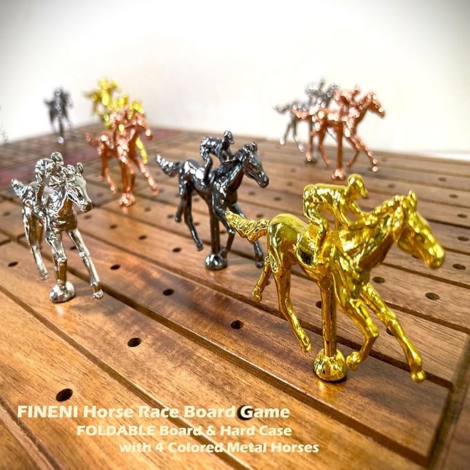 Horse Racing Game for Adults - Foldable Board Game With 11 Luxurious Metal Horses (Gold Silver Black RoseGold) - 22 Acacia Wood Race Game Board Dice &amp RoseGold Card
