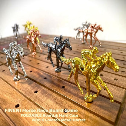 Horse Racing Game for Adults - Foldable Board Game With 11 Luxurious Metal Horses (Gold Silver Black RoseGold) - 22 Acacia Wood Race Game Board Dice &amp RoseGold Card