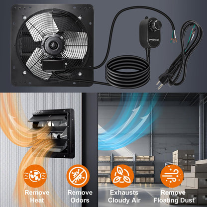 Hiorucet 14" Wall Mounted Shutter Exhaust Fan with Speed Controller and Power Cord Kit, Adjustable Temperature Thermostat with Fire Shut Off Fuse, 60HZ, 75W, Copper Motor, Automatic Shutter Attic Fan