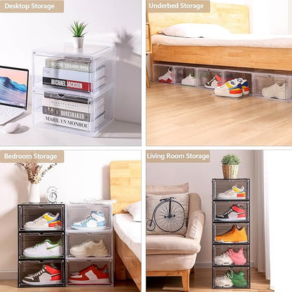 Clear Shoe Box Plastic Stackable Upgraded 6 Pack Shoe Storage Box Organizer with Clear Large Magnetic Door for Display Sneakers Easy Assembly White