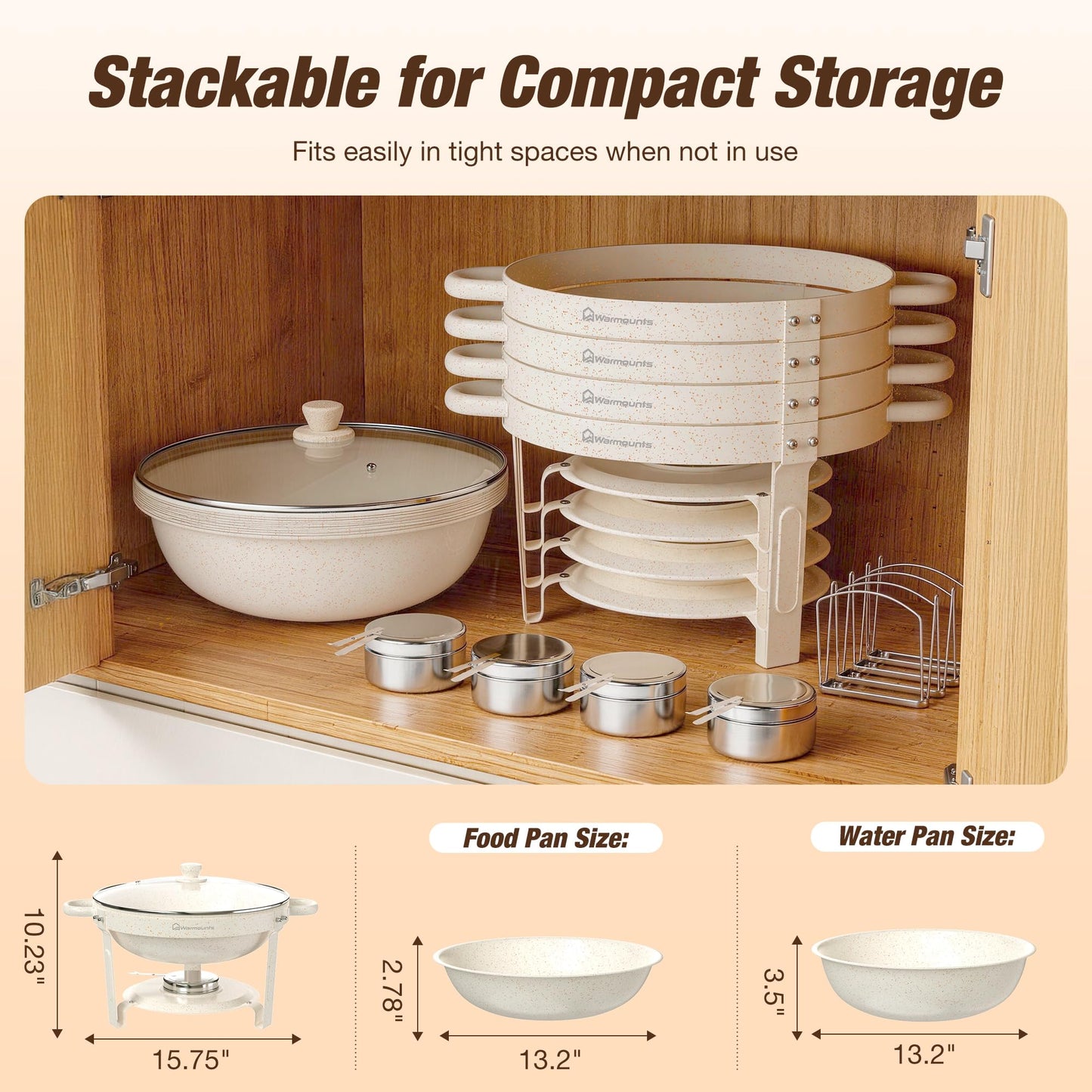 WARMOUNTS 5QT Chafing Dishes for Buffet Set, White Maifan Coated Stainless Steel Food Warmers for Parties Catering, Stackable Buffet Servers with Glass Lid & Holder 4 Pack