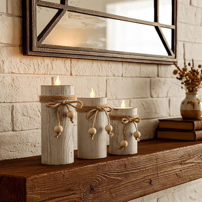 MelonBoat White Pillar Candle Holder:Farmhouse Candle Holders with Battery Operated Candles, Farmhouse Decor with Flameless LED Candles, Wood Centerpieces for Table 3-Pack for Holiday Party Home Decor
