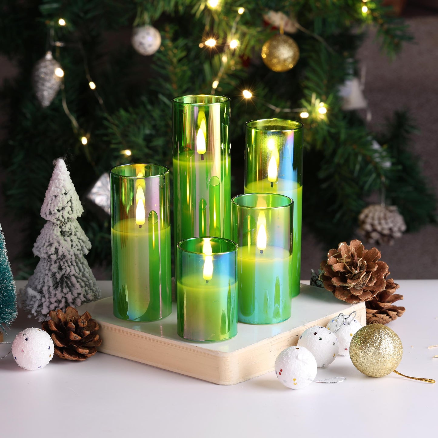 Eywamage Green Glass Flameless Candles with Remote Batteries, LED Pillar Candles Flickering Spring Home Decor Set of 5