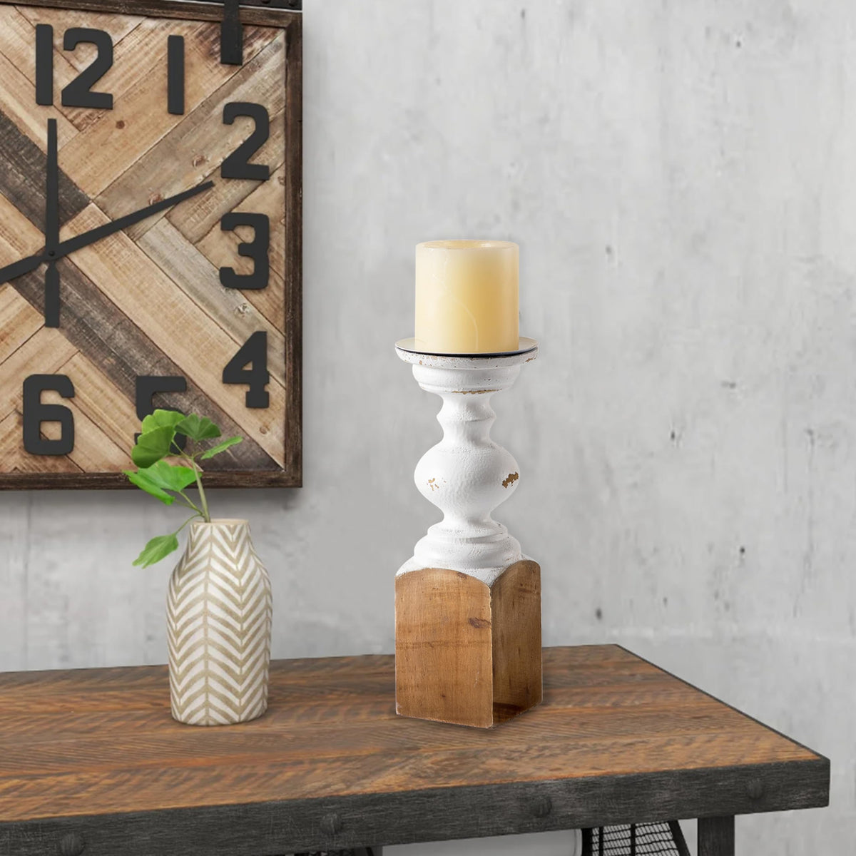 SOFE Wood Farmhouse Candle Holders, 11" Tall White Candle Holders for Pillar Candles, Rustic Candle Stand for Mantel, Coffee Centerpiece Table Decorations, Living Room, Dining Room Decor