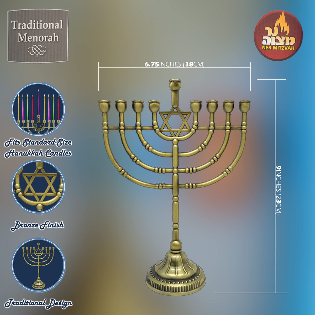Ner Mitzvah Traditional Bronze Candle Menorah - Chanukah Candles - 9" High