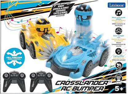 LEXiBOOK Crosslander® RC Bumper Set of 2 Radio-Controlled Racer Bumper Cars up to 12 km/h (7mph) 2 Removable Characters Sound and Light Effects Yellow/Blue RC2