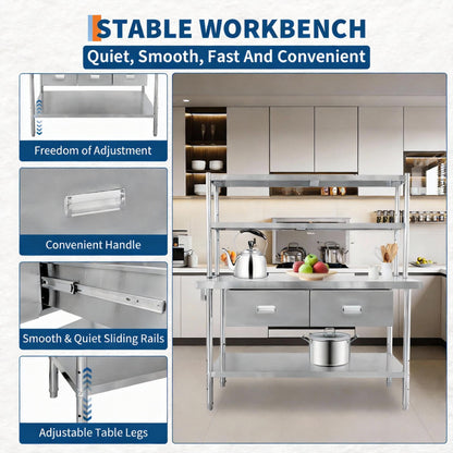 Stainless Steel Table with Overshelves and Drawers, 48" X 24" Heavy Duty Commercial Work & Prep Table with Adjustable Undershelf, Work Tables Workbench for Home Restaurant Kitchen Garage