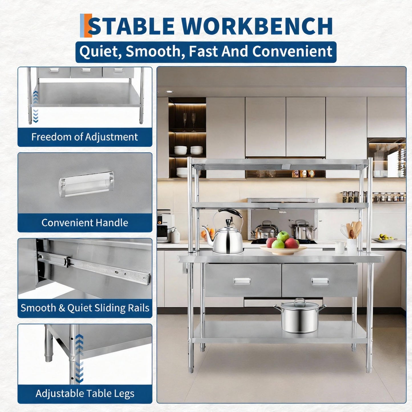 Garvee Stainless Steel Table with Shelves and Drawers, 48" X 24" Commercial Work Tables with 2-Tier Overshelves, Metal Kitchen Prep Table for Home Restaurant Garage, Commercial Workbench