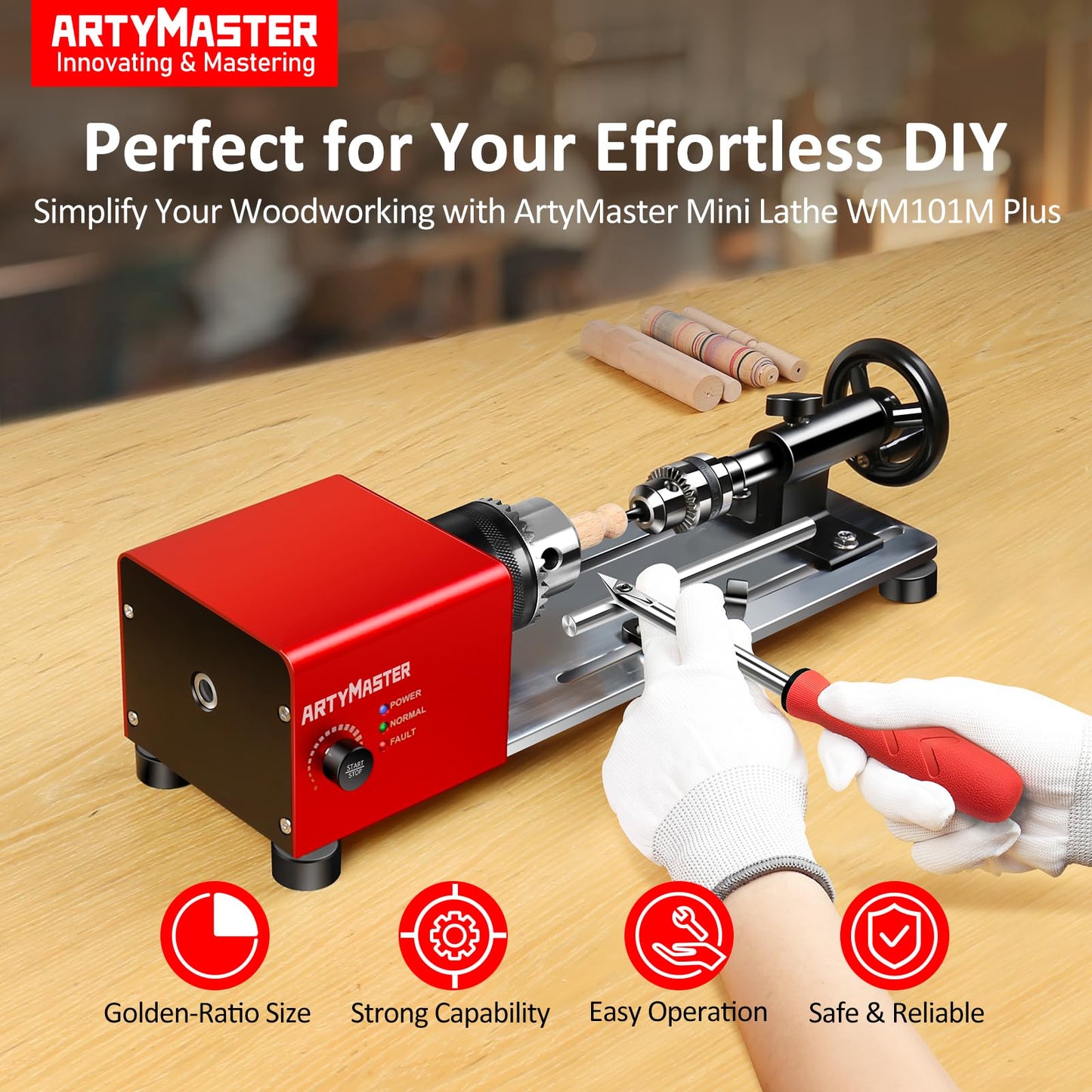 Mini Lathe, WM101A Mini Wood Lathe Machine, 24VDC 96W Power Lathe, Small Benchtop Lathe with Wood Turning Lathe Tools Kits, Infinitely Variable Speed, Professional for DIY Woodworking.