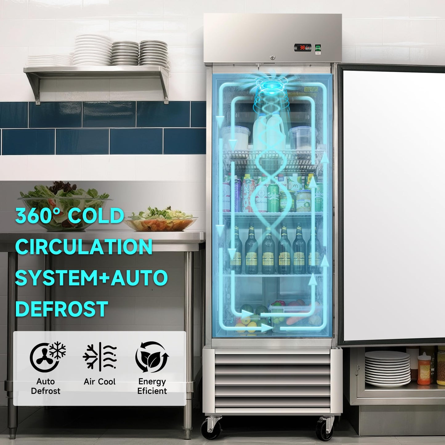27"W Commercial Freezer,23 Cu.ft Refrigerator with 1 Solid Door Reach-In Freezers Stainless Steel,ETL Approved Upright Freeze Storage w/4 Casters,3 Adjustable Shelves,LED Light,for Restaurant,Silver