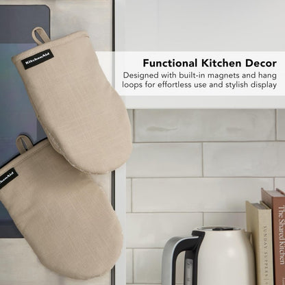 KITCHENAID Gourmet Series Gridlines Mini Oven Mitts 2-Pack Set, Heat Resistant up to 600°F, Soft Silicone Grip, Magnetic Cuff, Milkshake Tan, 5.5"x9"