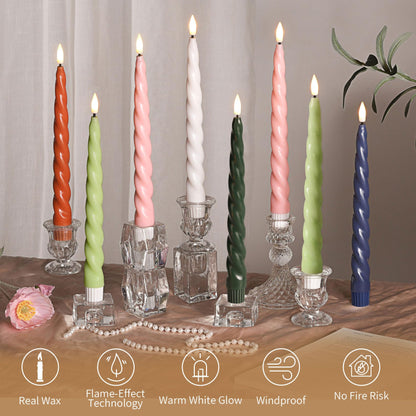 Girimax Dark Green Spiral Flameless Taper Candles with Remote, Flickering LED Wax Candlesticks Battery Operated Home Wedding Decor Set of 6