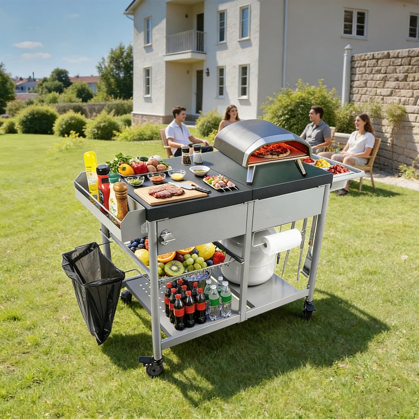Pizza Oven Table Heavy Duty Outdoor Grill Cart for Blackstone 17/22 Inch Griddle Metal Prep Station fits Ninja Woodfire Ooni BBQ Worktable with Trash Holder Propane Storage Mesh Shelves Black