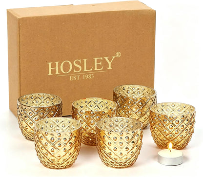 Hosley Set of 6 Antique Gold Speckled Metallic Glass LED Votive Tealight Candle Holder 2.75 Inches Ideal for Bridal Weddings Parties Special Events Spa Aromatherapy Mini Flower Pots O3