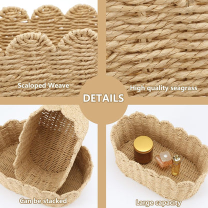 Kritkin 2 Pcs Scalloped Basket Set Hand-woven Baskets with Scalloped Design, 16 x 10 x 7 Inch & 14 x 8 x 6 Inch for Living Room Bedroom Laundry Nursey Storage