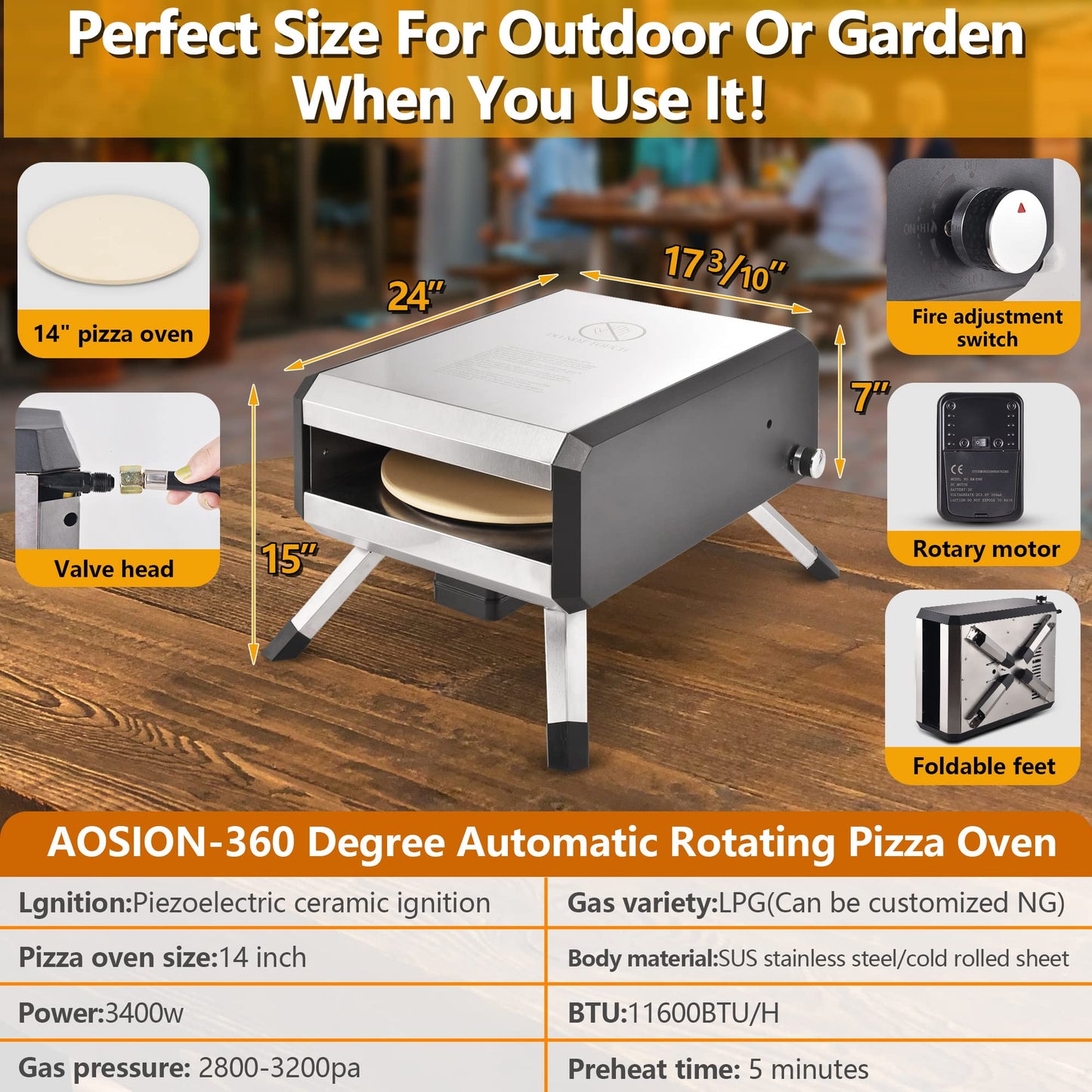 AOSION Pizza Oven Outdoor, 14 Inch Multi-Fuel Rotatable Pizza Ovens,Portable Stainless Steel Pellet Gas Pizza Oven for Outside Backyard Camping.