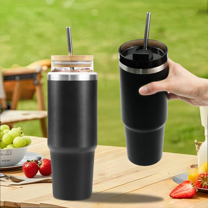 YJGS 30oz Glass Tumbler with Lid and Straw, Insulated Tumbler with Glass Insert, Iced Coffee Cup Reusable Water Bottle Travel Coffee Mug, Water Tumbler with Straw, Sweat Proof & BPA Free