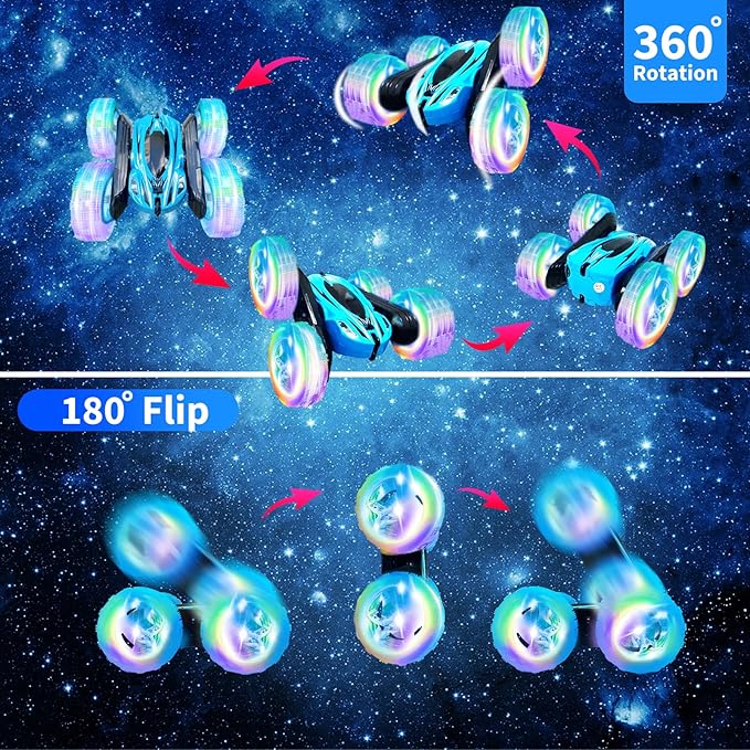 lumiparty 4Pack Remote Control Car Toys for Kids 2.4GHz RC Stunt Cars with Wheel Lights Drift High Speed 4WD Off Road Double Sided 360° Rotating Cars for Boys Girls.