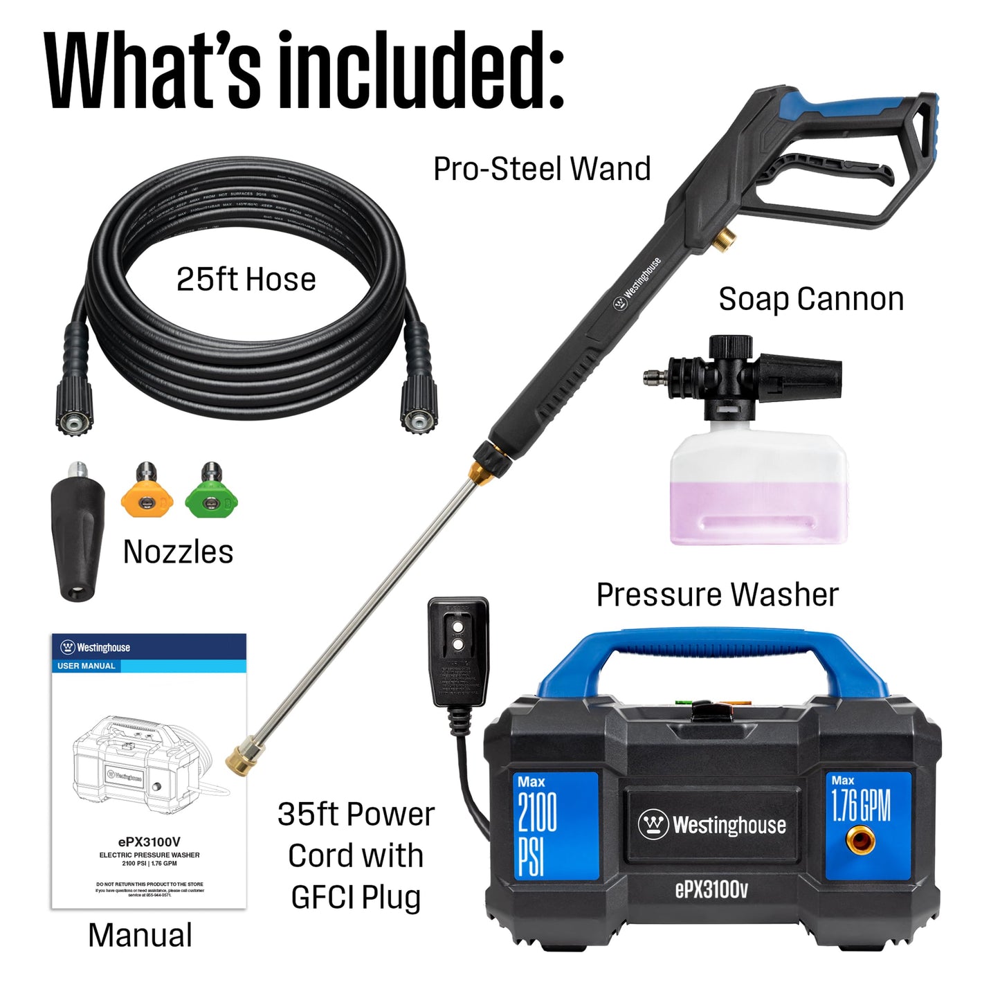 Westinghouse ePX3100v Electric Pressure Washer, 2100 Max PSI 1.76 Max GPM, Built-in Carry Handle, Detachable Foam Cannon, Pro-Style Steel Wand, 3-Nozzle Set, for Cars/Fences/Driveways/Home/Patios