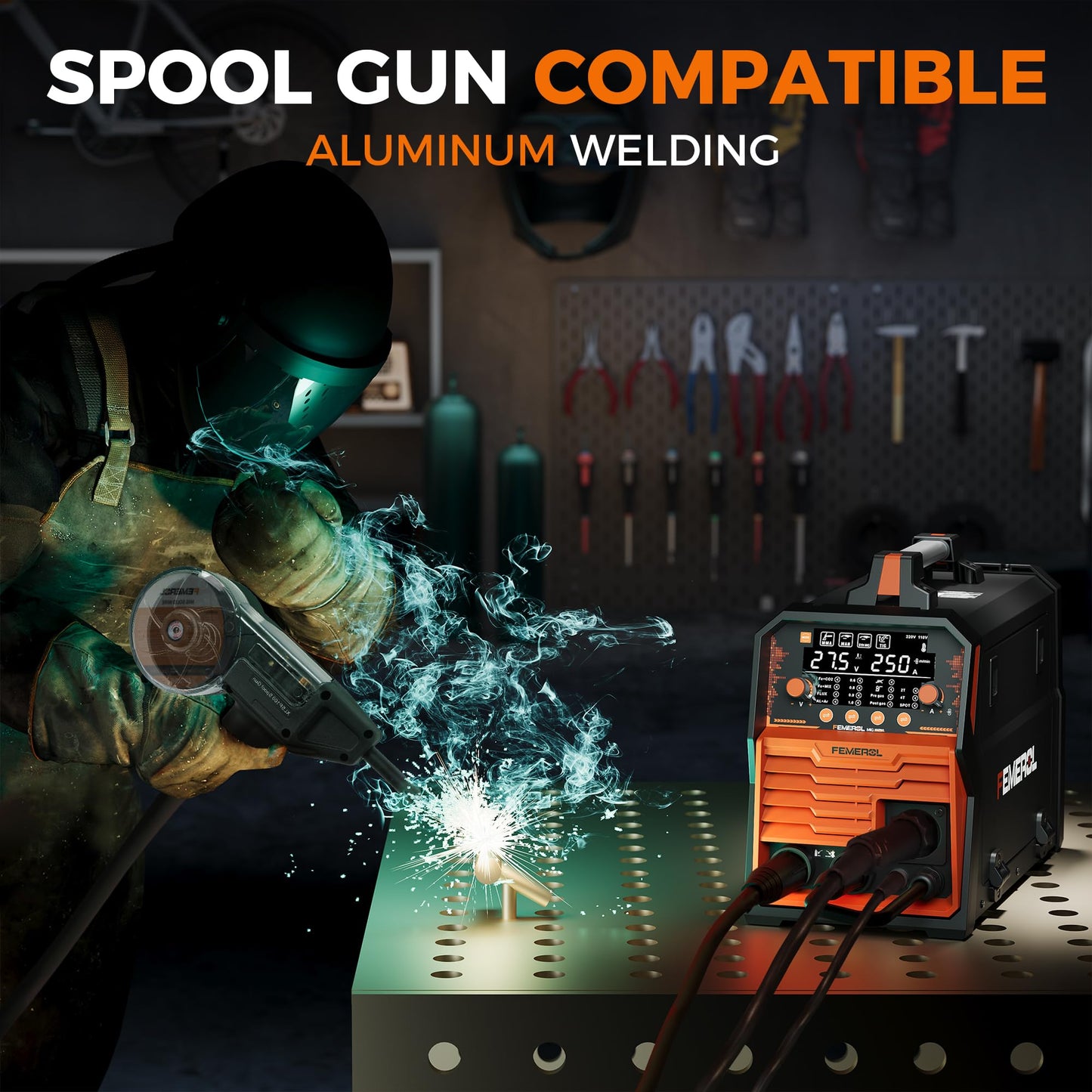 FEMEROL 250A MIG Welder,6 in 1 Gas MIG/Gasless Flux Core/Stick/Lift TIG/Spot Welding/Spool Gun Compatible Aluminum Welding Machine Large LED Display 110V/220V Multi Process Welder