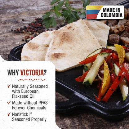 Victoria Rectangular Cast Iron Griddle. Double Burner Griddle, Reversible Grill, 13 x 8.5 Inch, Seasoned with 100% Kosher Certified Non-GMO Flaxseed Oil, Model: GDL-189